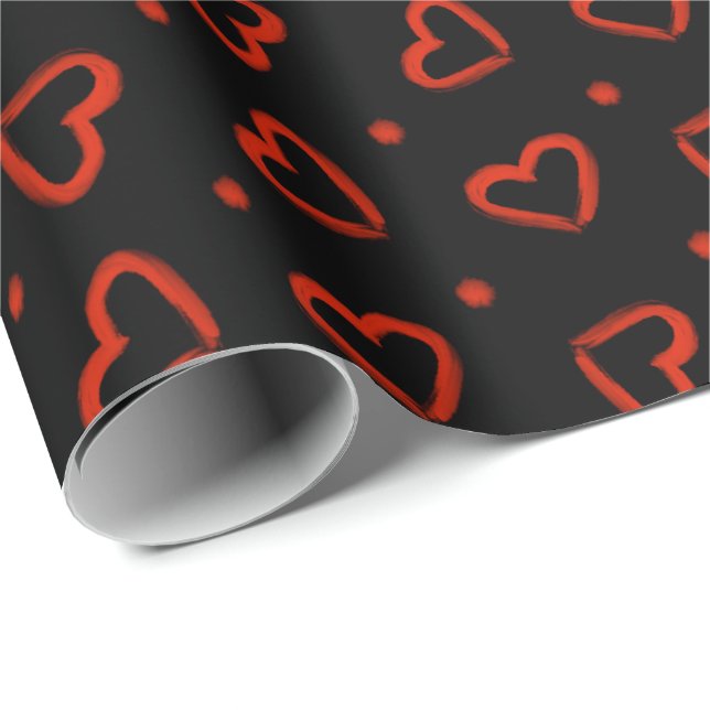 Papier Cadeau Coeurs du Jour des Valentines Noires et Rouges (Coin rond)