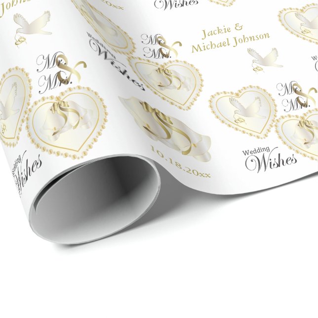 Papier Cadeau Coeurs élégants de mariage d'or et de colombe de (Coin rond)