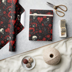 Papier Cadeau Cœurs et crânes rouges gothiques