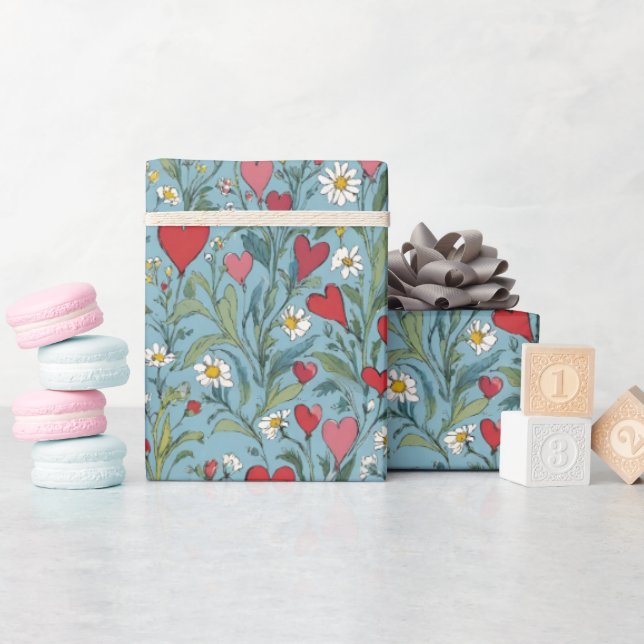 Papier Cadeau Coeurs et marguerites romantiques (Baby Shower)