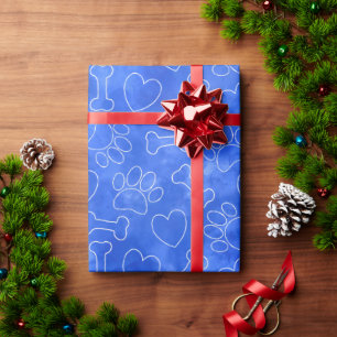 Papier Cadeau Cœurs et os de patte de chien Motif Aquarelle bleu