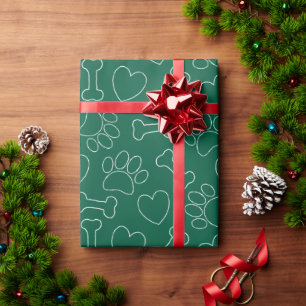 Papier Cadeau Cœurs et os de patte de chien Motif Vert personnal