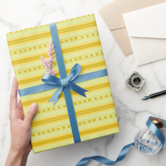 Papier Cadeau Cœurs jaunes et jaune foncé en rayures