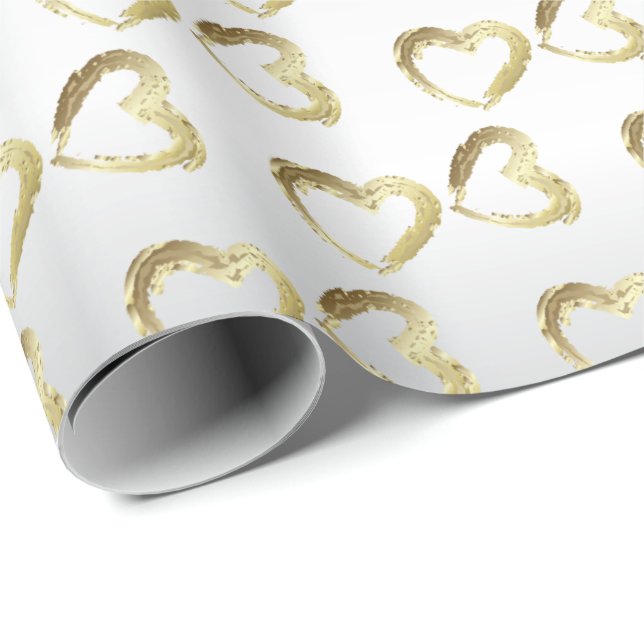 Papier Cadeau Coeurs Mariages élégants blancs et dorés (Coin rond)