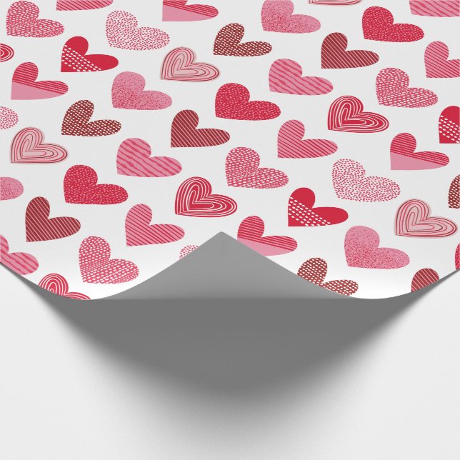 Papier Cadeau Coeurs mignons en rose et rouge sur blanc (Coin)