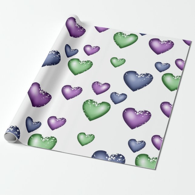 Papier Cadeau Coeurs Motif bleu vert pourpre pour Saint Valentin (Déroulé)