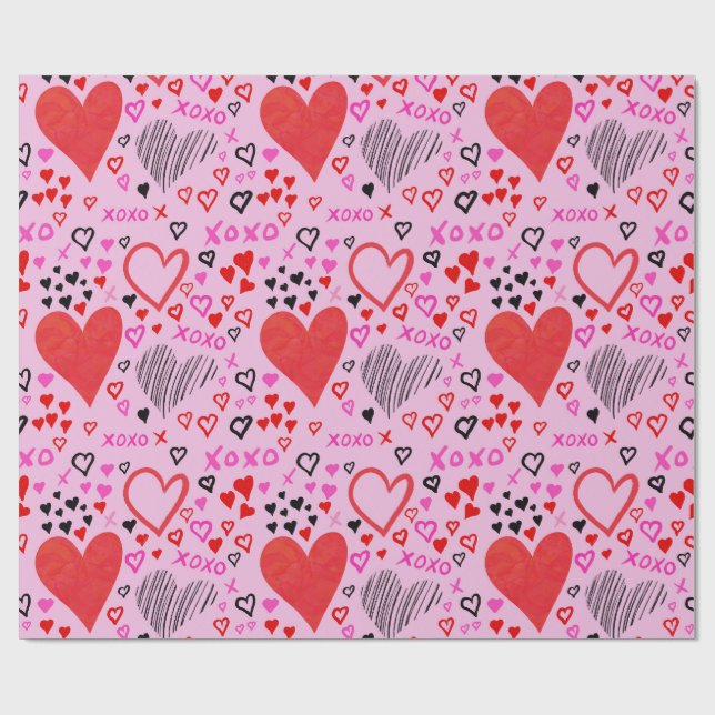 Papier Cadeau Coeurs, Motif rose XOXO (Plat)