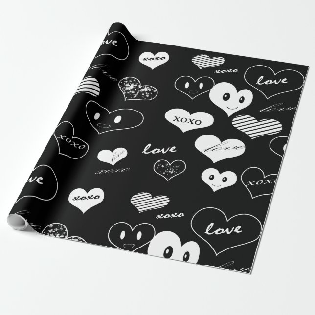 Papier Cadeau Coeurs noir et blanc Aimer Xoxo Wrapping Papier (Déroulé)