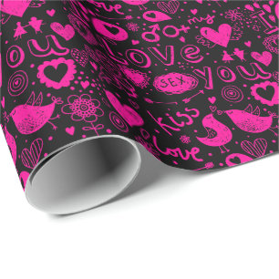 Papier Cadeau Coeurs noirs et roses, Oiseaux, Cupidon, Kiss Love