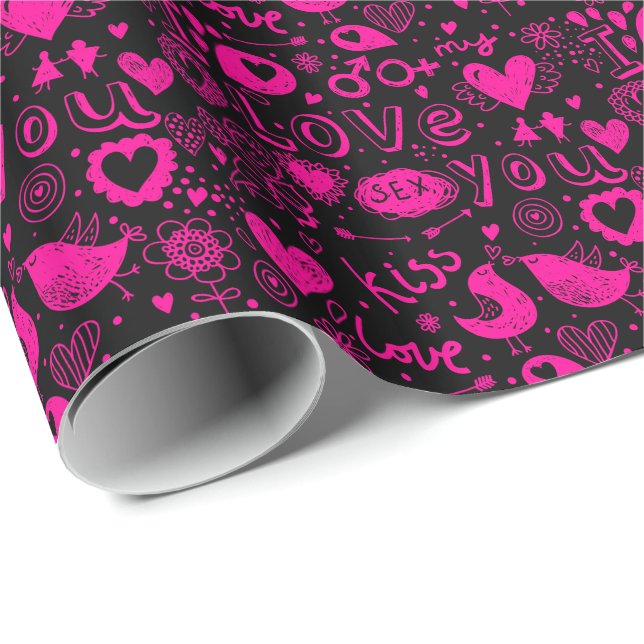 Papier Cadeau Coeurs noirs et roses, Oiseaux, Cupidon, Kiss Love (Coin rond)