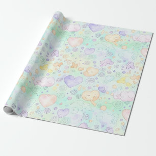 Papier Cadeau Cœurs pastel et nuages Aquarelle Rêve (2)
