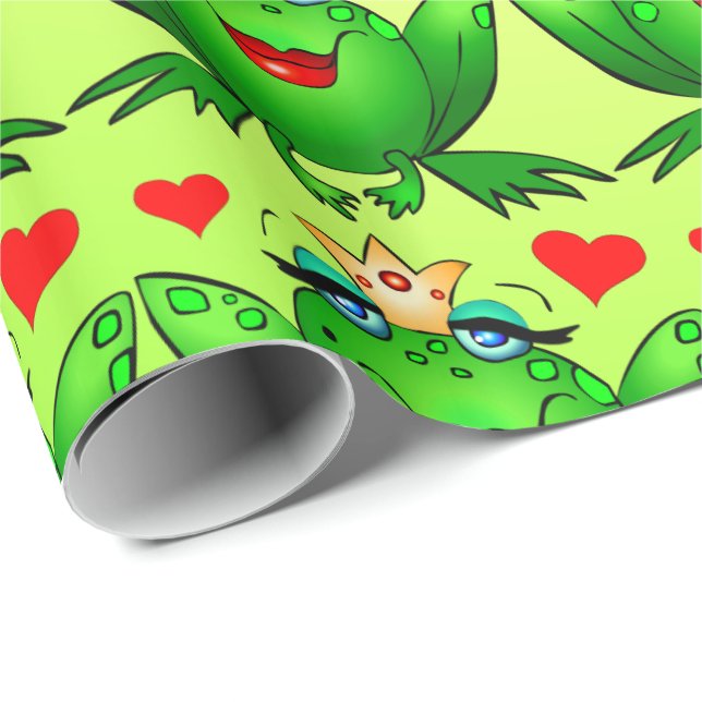 Papier Cadeau Coeurs princiers de grenouille vert joyeux (Coin rond)