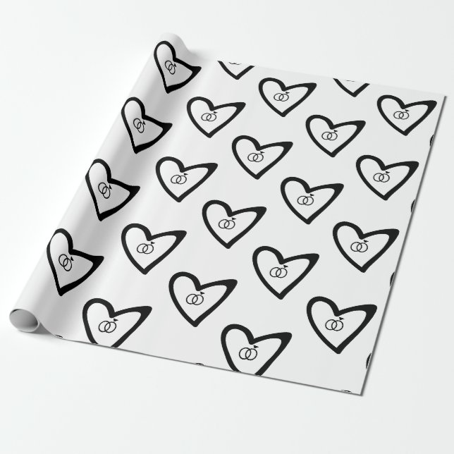 Papier Cadeau Coeurs romantiques Anneaux Motif noir Mariage nupt (Déroulé)