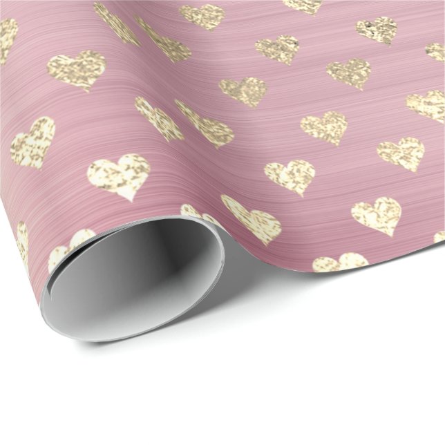 Papier Cadeau Coeurs Rose rose rose métallique Blush or Powder (Coin rond)