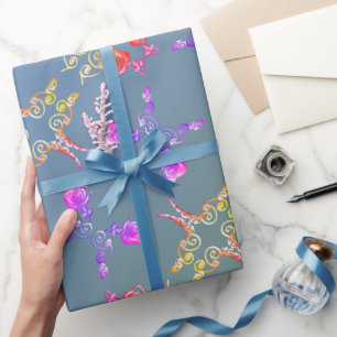 Papier Cadeau Coeurs Roses Faberge sur Pale Blue Moss Wrapping P
