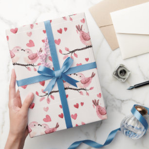 Papier Cadeau Cœurs roses oiseaux de l'amour jour de la Saint-Va
