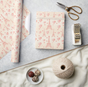 Papier Cadeau Coeurs roses Pêche Tour Eiffel Chic Paris Français