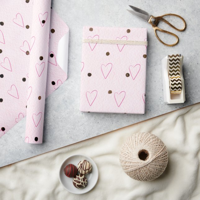 Papier Cadeau Coeurs Roses Sur Points Noirs (Artisanat)