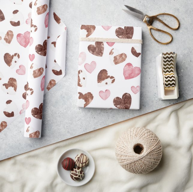 Papier Cadeau Coeurs roses Vache de cacao Brown Imprimer Anniver (Artisanat)