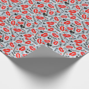 Papier Cadeau Coeurs, rouge, noir, empreintes de lèvres, baiser