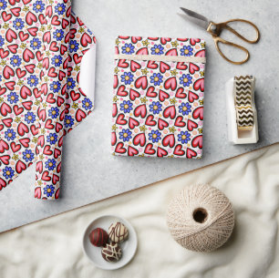 Papier Cadeau Coeurs rouges amusants et fleurs jaunes violettes