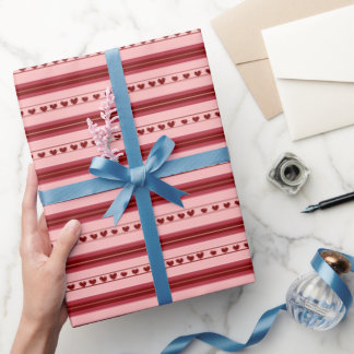 Papier Cadeau Cœurs rouges clair et foncé en rayures