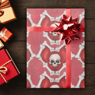 Papier Cadeau Coeurs rouges dans les os avec des crânes en centr