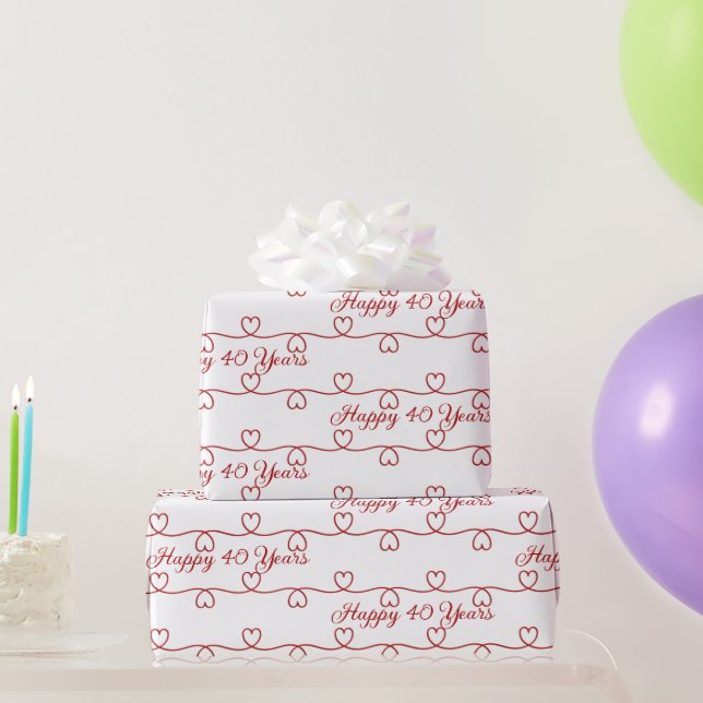 Papier Cadeau Coeurs rouges du 40e anniversaire (Cadeaux de fête)