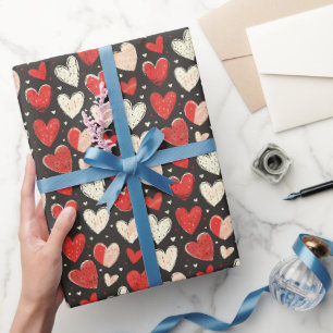 Papier Cadeau Cœurs rouges et ivoire sur fond noir