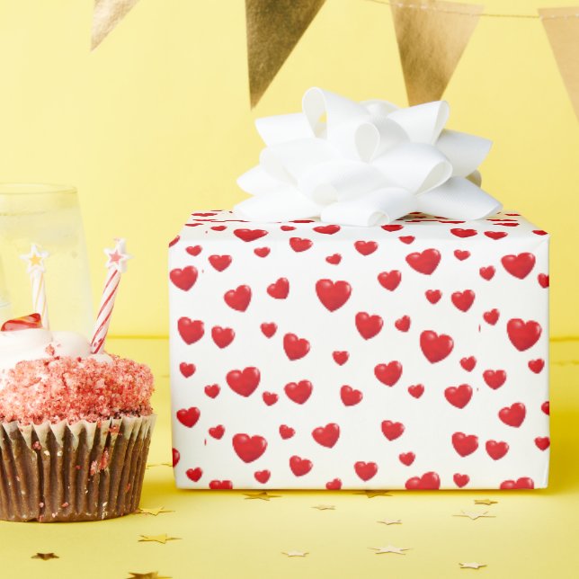 Papier Cadeau Cœurs rouges sur fond blanc (Fête d'anniversaire)