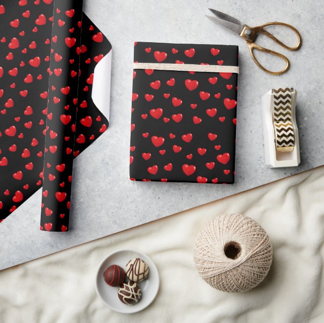 Papier Cadeau Coeurs rouges sur noir (Artisanat)