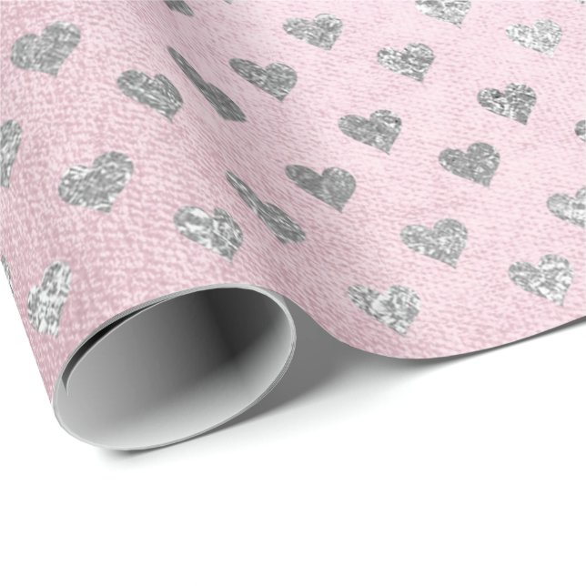 Papier Cadeau Coeurs Silver Glam rose rose pastel brillant (Coin rond)