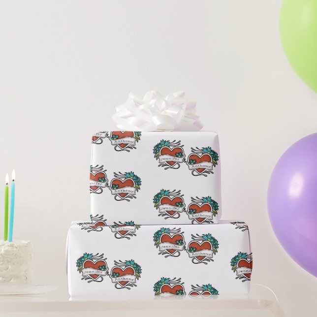 Papier Cadeau Coeurs tatoués, Graphique de tatouage Personnalisé (Cadeaux de fête)