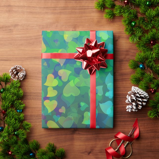 Papier Cadeau Coeurs tombants rouge et vert (Cadeau de vacances)