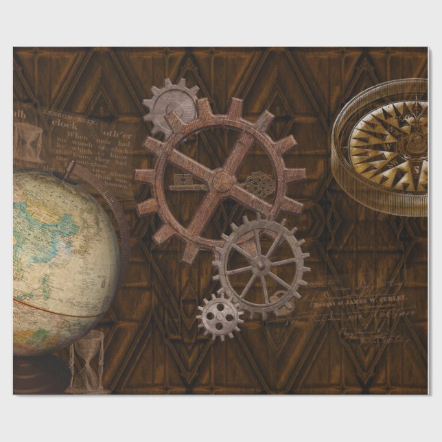 Papier Cadeau Cogs Steampunk, Gears & World Globe Design (Plat)
