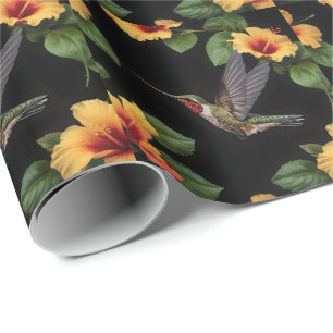 Papier Cadeau Colibri Et Hibiscus Jaunes,