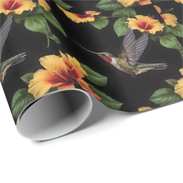 Papier Cadeau Colibri Et Hibiscus Jaunes, (Coin rond)