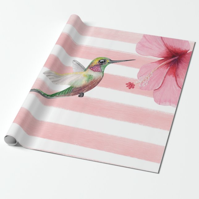 Papier Cadeau Colibri. Rose et Blanc. (Déroulé)
