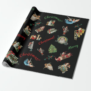 Papier Cadeau Collage de Noël Vintage sur Arrière - plan noir