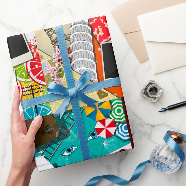 Papier Cadeau Collage de voyage avec des sites touristiques embl (Créateur téléchargé)