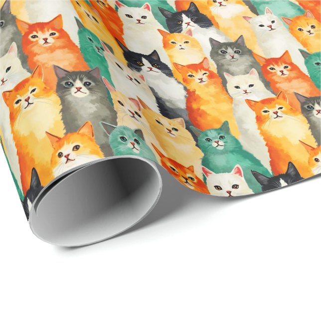 Papier Cadeau Collage du Motif de chats aquarelle (Coin rond)