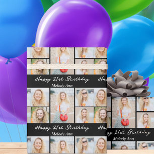 Papier Cadeau Collage photo d'anniversaire noir chic