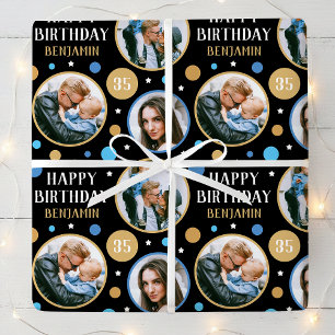 Papier Cadeau Collage photo d'anniversaire tout âge 35 ans bleu