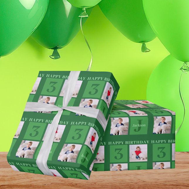 Papier Cadeau Collage photo d'anniversaire vert Enfants personna (Créateur téléchargé)