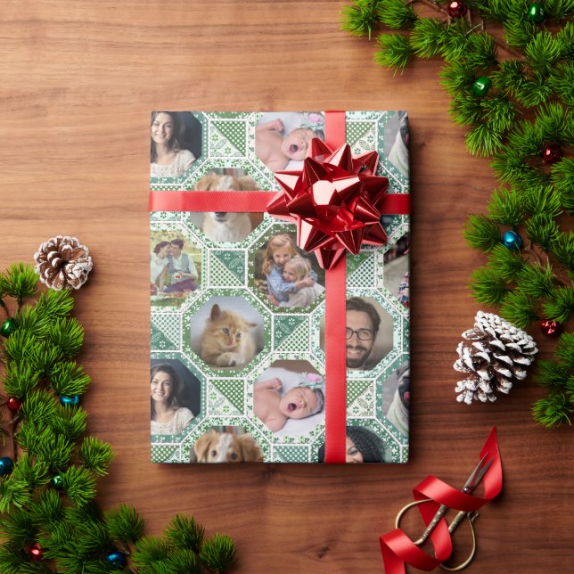 Papier Cadeau Collage photo famille Green Quilt Look 28 Photos F (Cadeau de vacances)