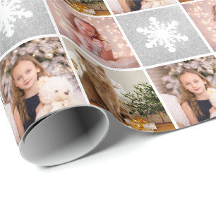 Papier Cadeau Collage photo personnalisé Snowflakes en argent de