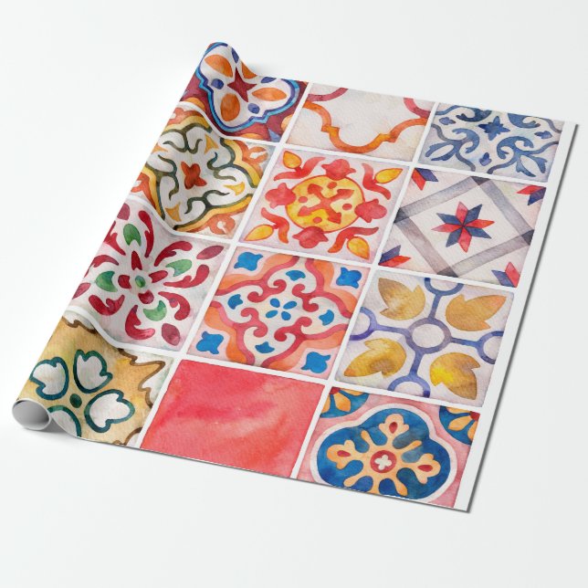 Papier Cadeau Collection de carreaux en céramique aquarelle. vin (Déroulé)