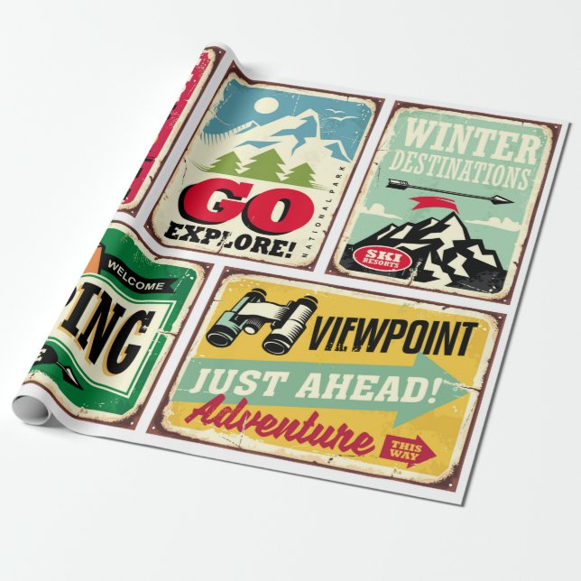 Papier Cadeau collection de panneaux rétro randonnée et camping. (Déroulé)