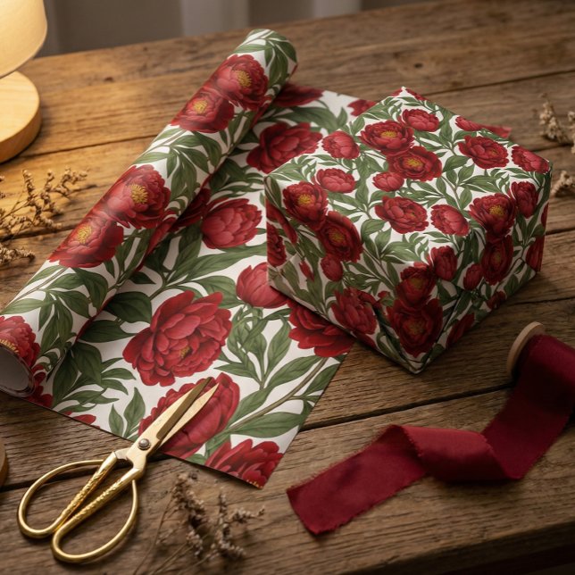 Papier Cadeau Collection de pivoines rouges vibrantes, fête pers (Créateur téléchargé)