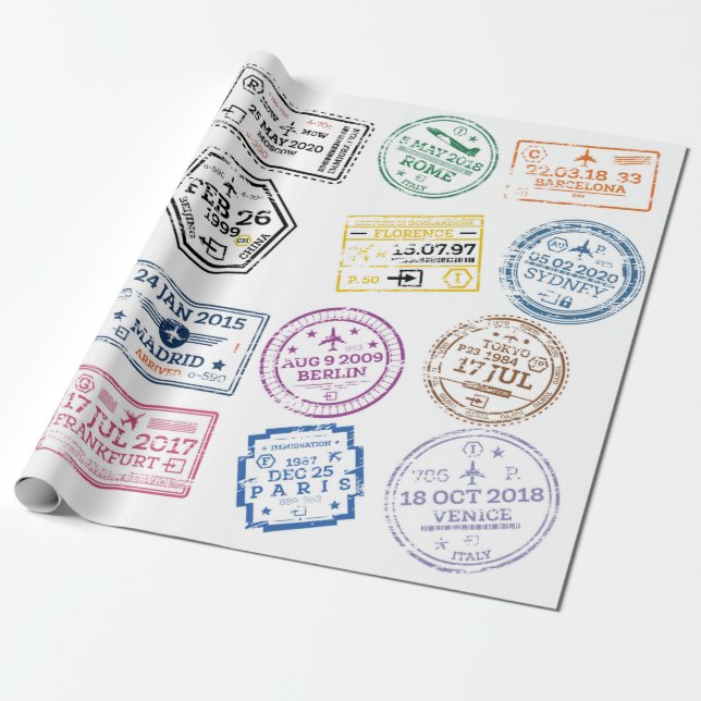 Papier Cadeau Collection de timbres de passeport isolés sur blan (Déroulé)